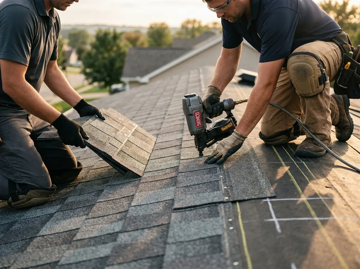 Professional roofer working on a residential roof in Monona